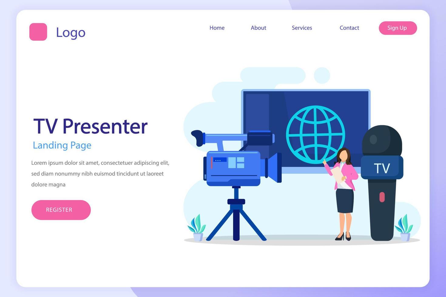 TV presenter landing page website flat vector template