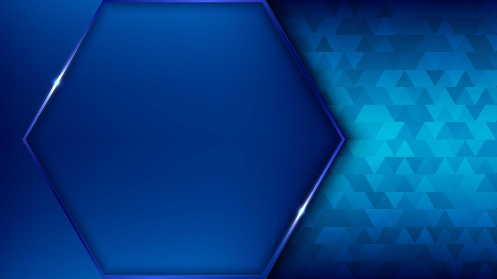 marco hexagonal azul de estilo de tecnología de plantilla web de banner con efecto de iluminación sobre fondo de patrón de triángulos azul oscuro vector