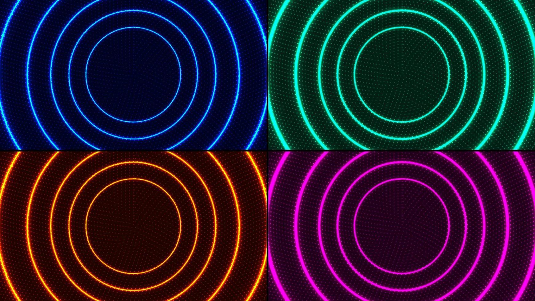 Set of abstract radial motion lines circles blue, green, pink, red colors glowing neon luminous lighting effect bright energy rays with dots particles on dark background vector