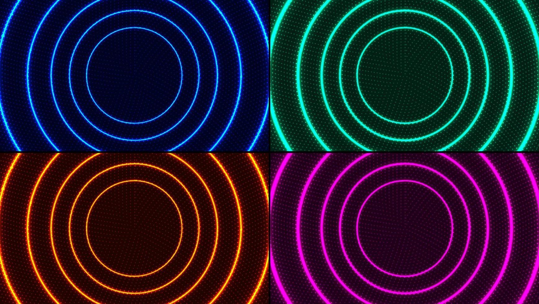 Set of abstract radial motion lines circles blue, green, pink, red colors glowing neon luminous lighting effect bright energy rays with dots particles on dark background vector