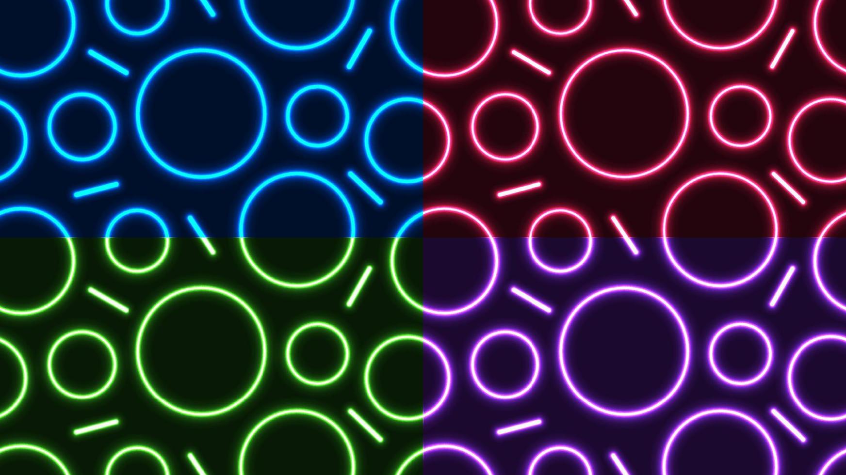 Set of abstract blue, red, green, purple glowing neon lighting effect circles geometric seamless pattern on dark background vector