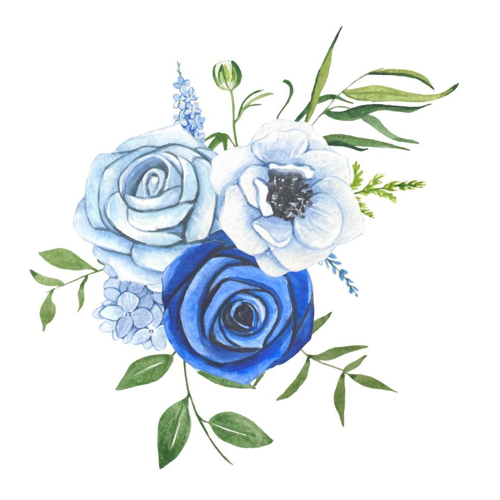 Floral arrangement with blue and white flowers and green leaves vector