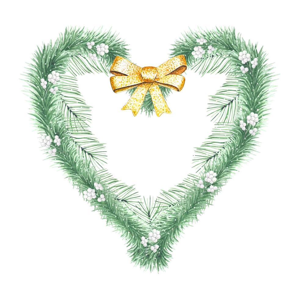 Heart-shaped wreath of fir green branches with golden bow, watercolor vector