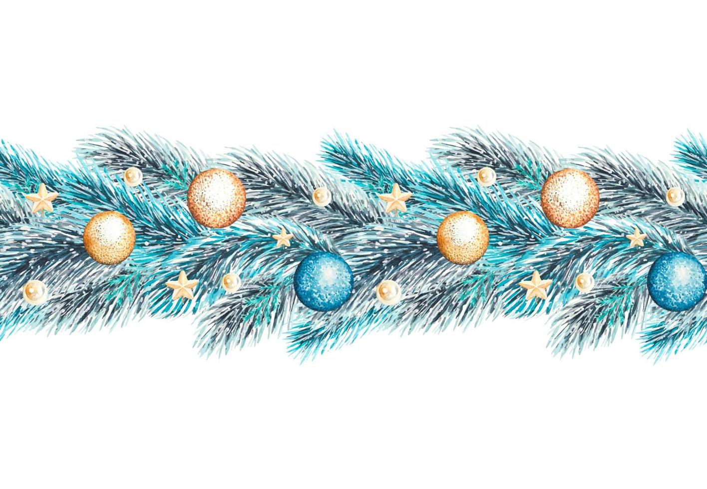 Seamless watercolor border made of fir branches and Christmas toys vector