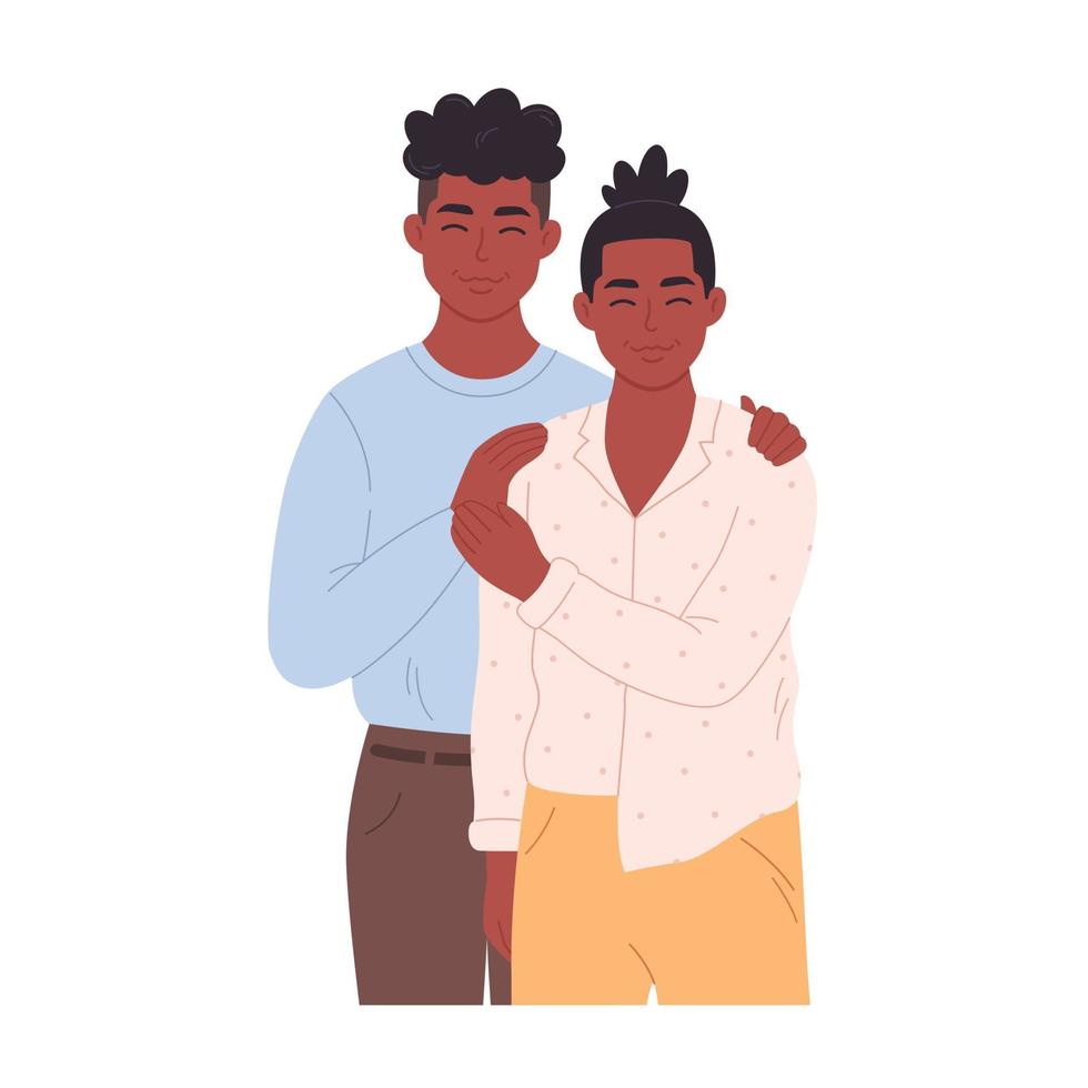 pareja gay negra abrazándose y sonriendo. cariño pareja juntos. familia lgbt, orgullo lgbt. pareja de hombres homosexuales vector