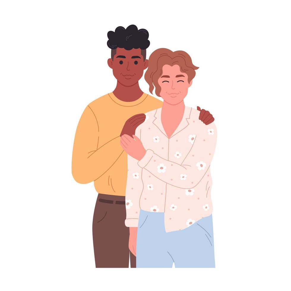 pareja gay abrazándose y sonriendo. cariño pareja juntos. familia lgbt, orgullo lgbt. pareja homosexual multirracial vector