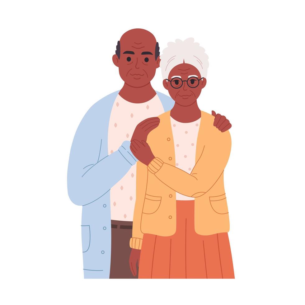 pareja de ancianos negros abrazando. abuelo y abuela sonrientes. hombre y mujer jubilados. retrato de pareja mayor. vector