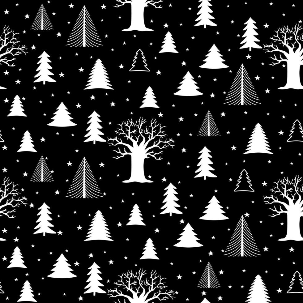invierno bosque escandinavo mano dibujada de patrones sin fisuras. año nuevo, navidad, vacaciones textura blanca con abeto para impresión, papel, diseño, tela, decoración, papel de regalo, fondo vector