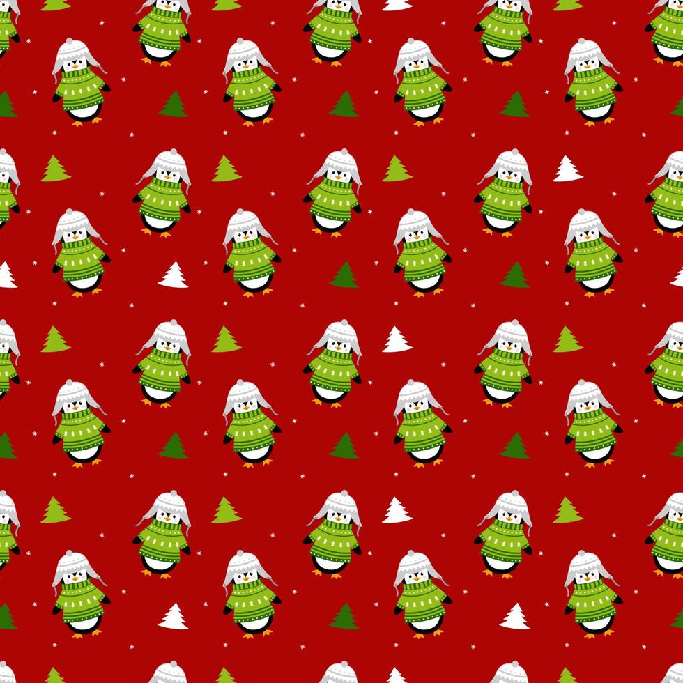 Vector seamless pattern funny penguins with christmas tree