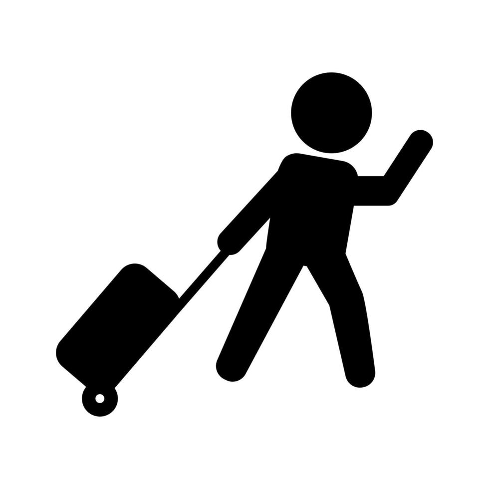 Person dragging luggage icon on white background. vector