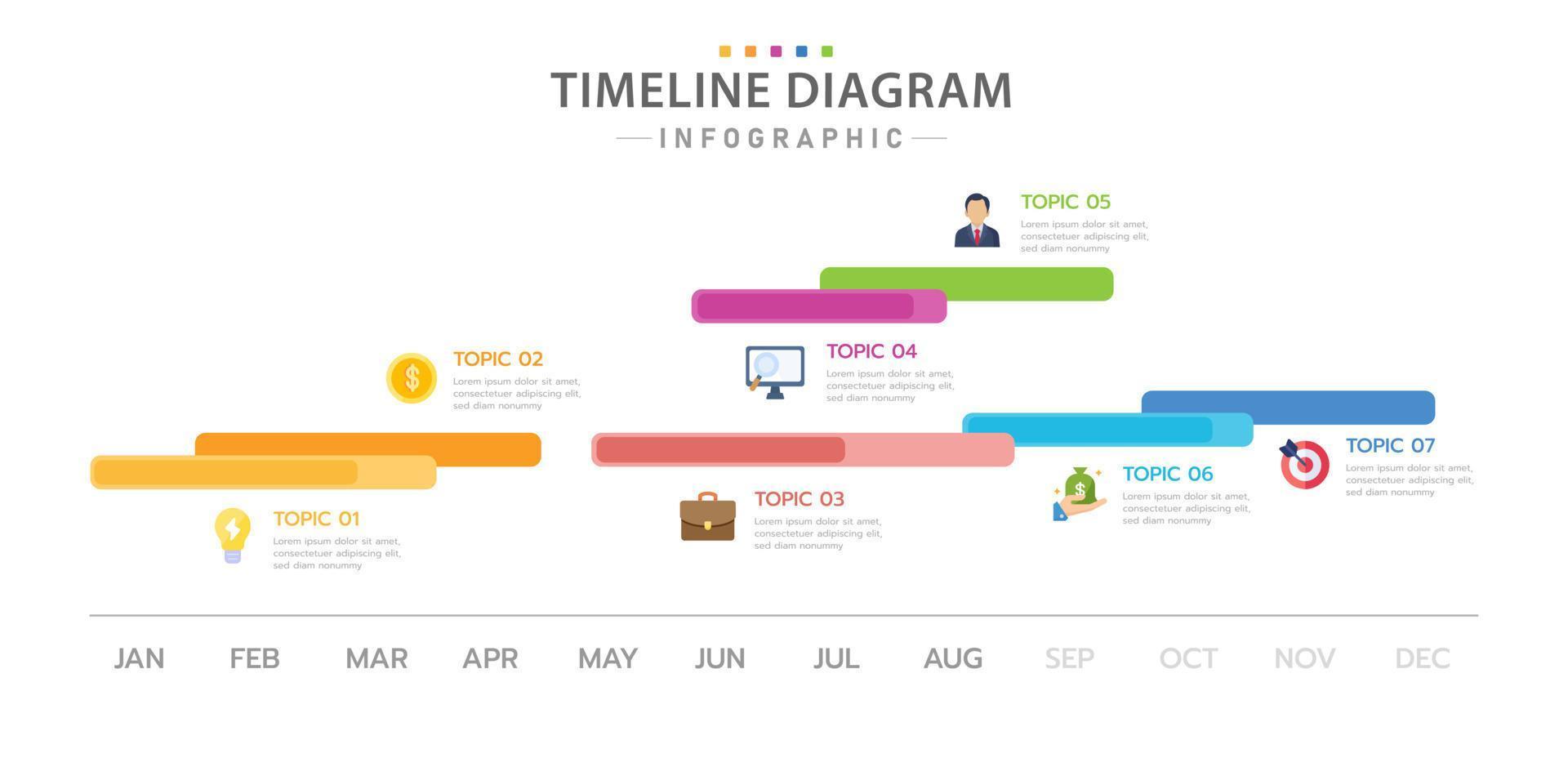 Infographic template for business. 7 Steps Modern Timeline diagram calendar with line topics, presentation vector infographic.