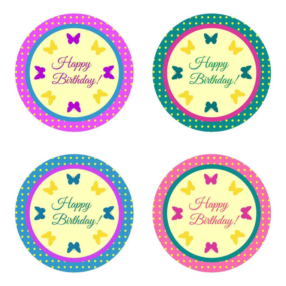 Happy birthday circle sign for the paper plate or balloon design, stickers or badges and emblems. Set of 4. Vector illustration.