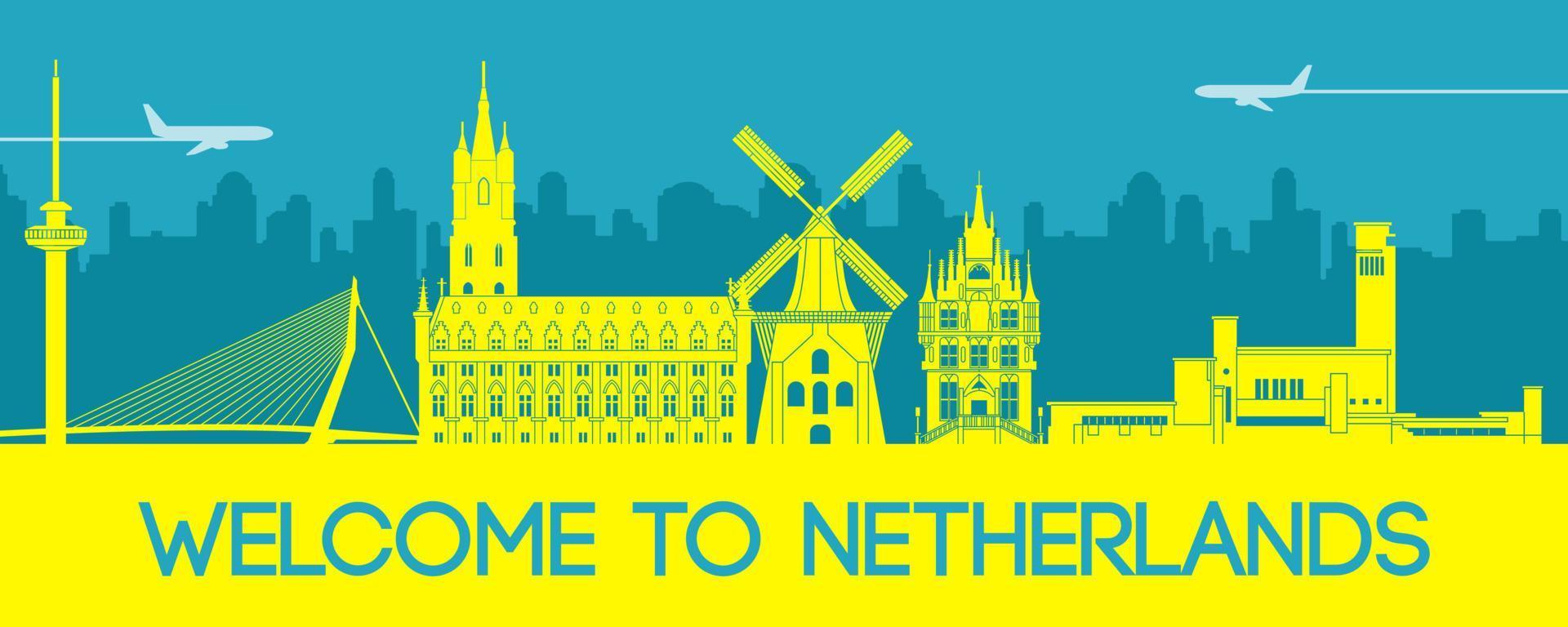 Netherlands famous landmarks by silhouette style vector