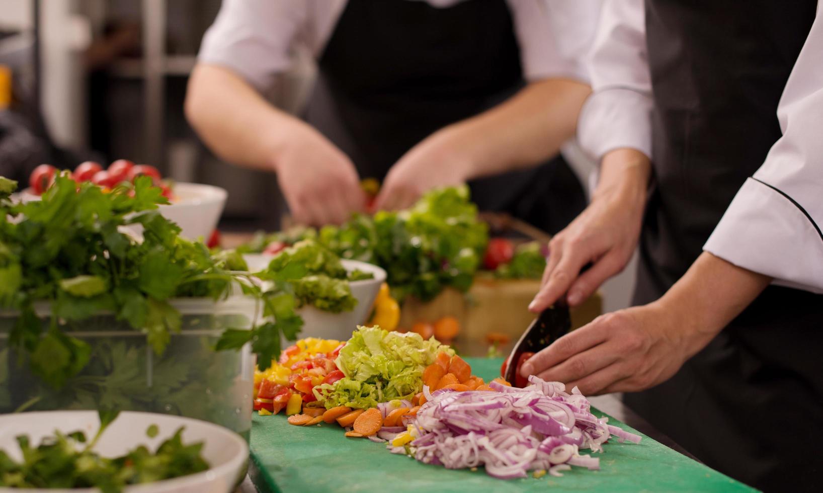 team cooks and chefs preparing meal photo