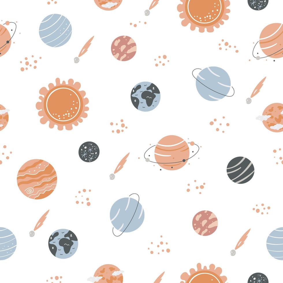 Seamless pattern with Sun and different planets. Colorful space design vector