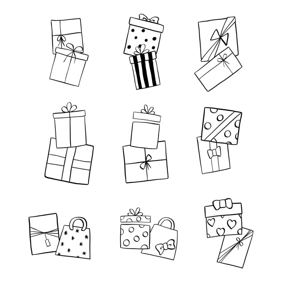 Black Line Doodle Gifts elements. Vector illustration about Christmas or Birthday.