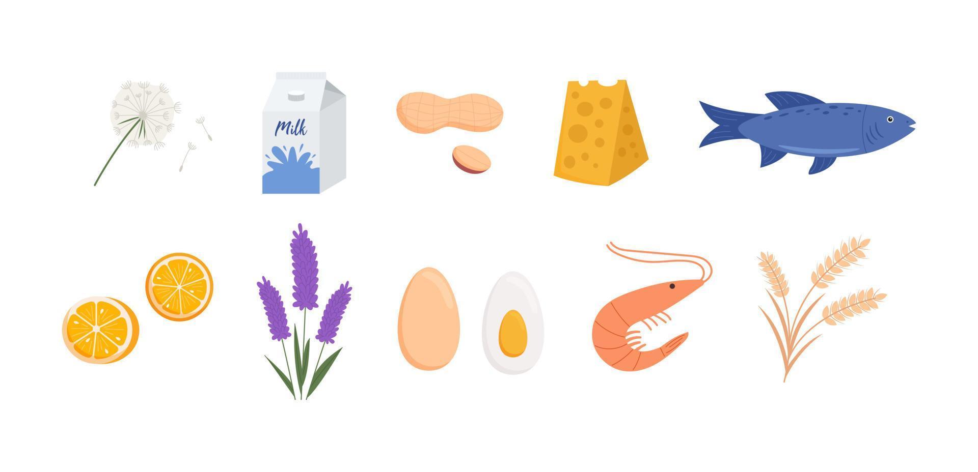 Set of food and pollen allergens vector