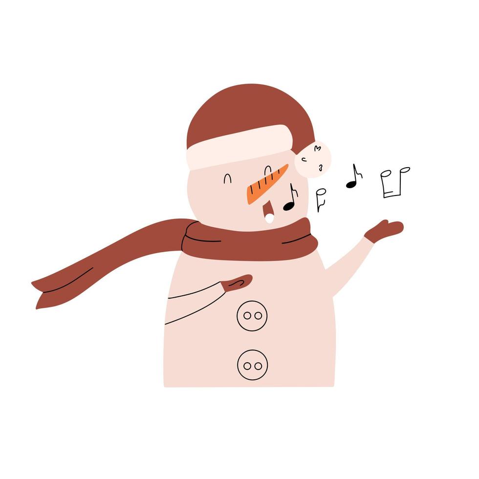 Funny snowman sings a Christmas song. Vector illustration in hand drawn style