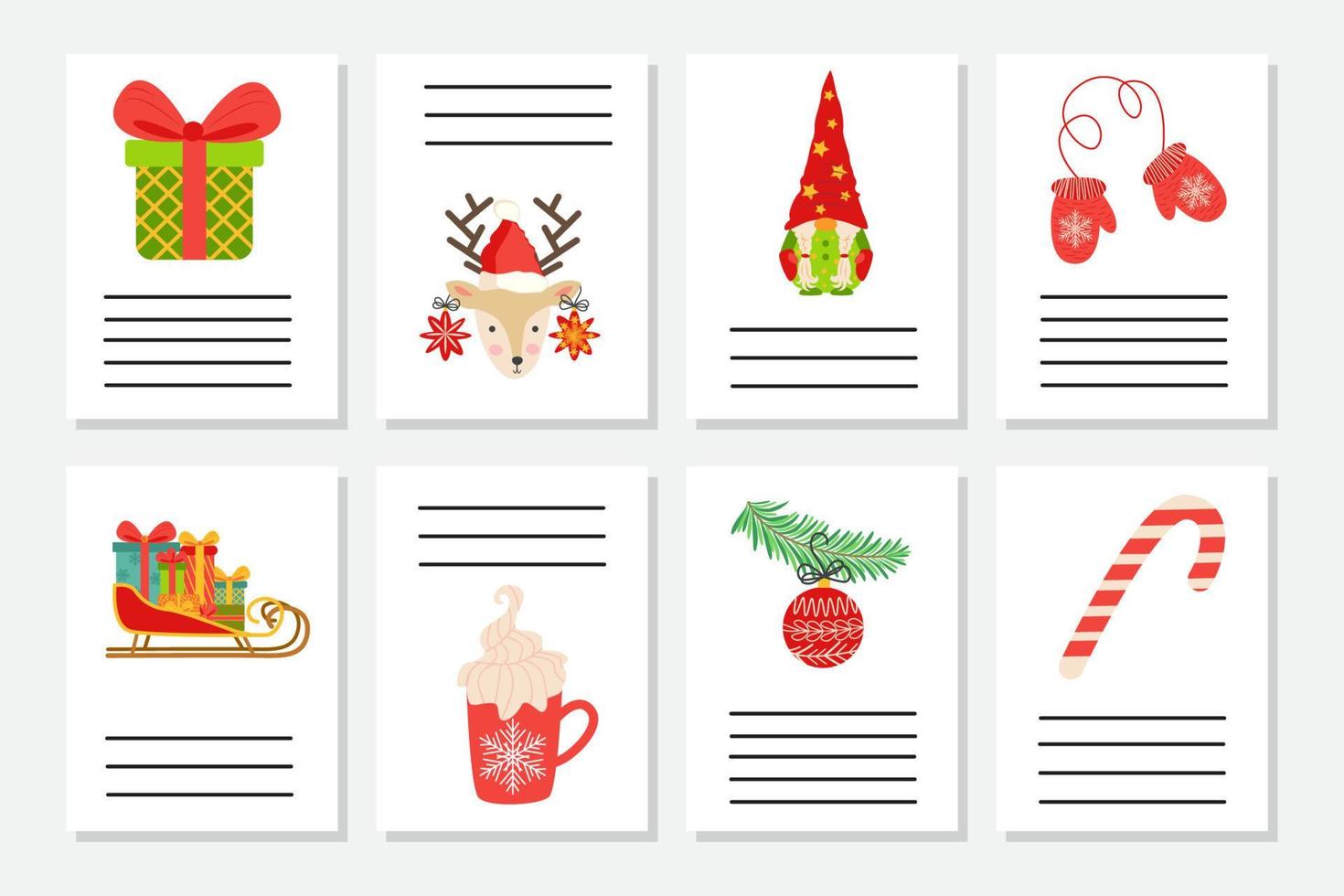 Set of Christmas greeting or invitation. Postcards with New Years symbols, Christmas tree, snowflakes, gifts, candy cane vector