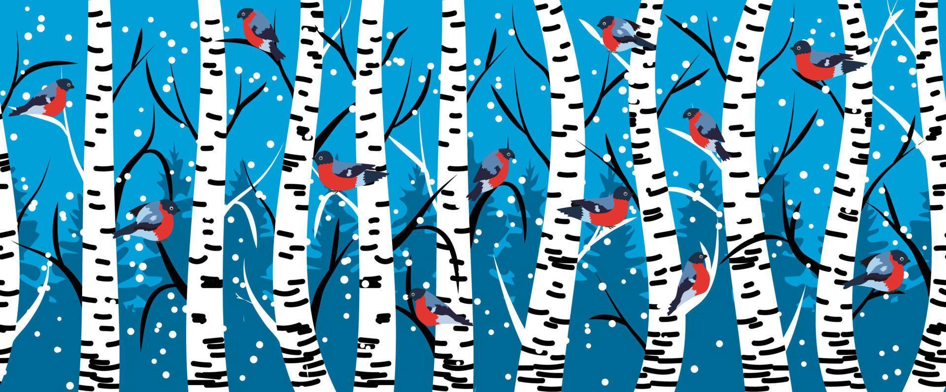 Winter seamless pattern with bullfinches and birch trees. vector