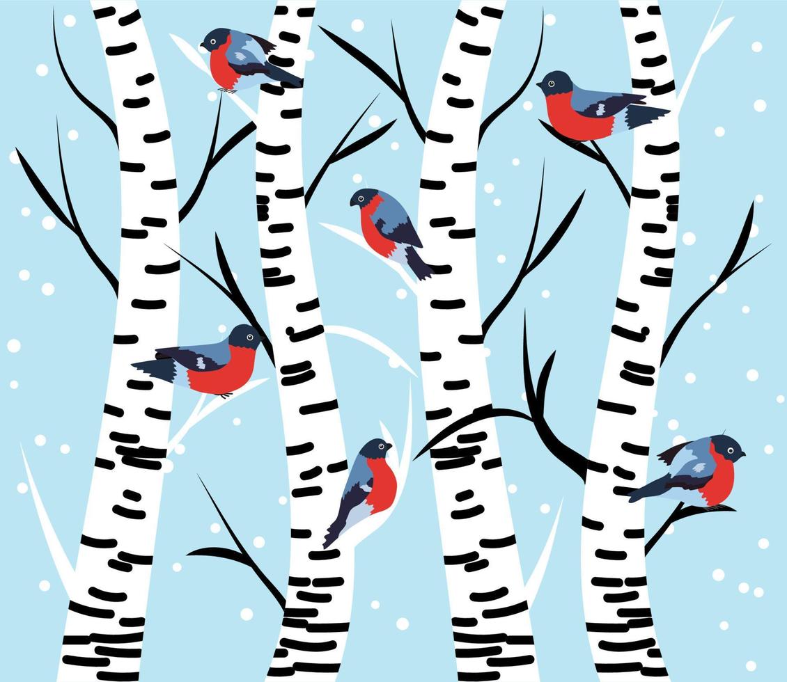 Winter seamless pattern with bullfinches and birch trees. vector