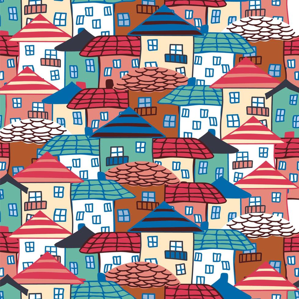 House seamless pattern, standing tight. Naive childish style. City, roof. vector