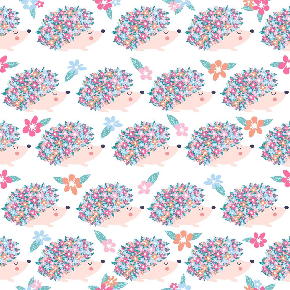 seamless childish floral pattern with flowers and cute hedgehogs on black background vector