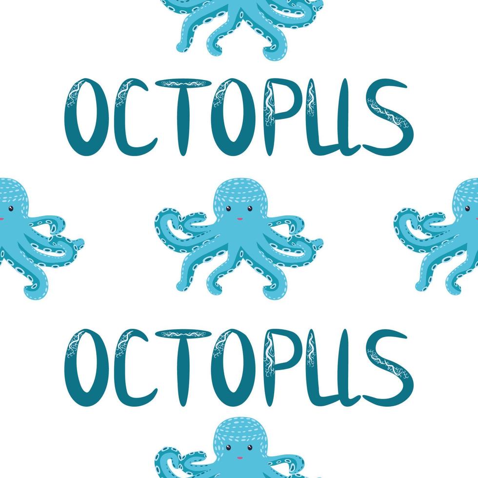 Seamless pattern with cute octopus, seaweed and pearl. Trendy nursery background vector