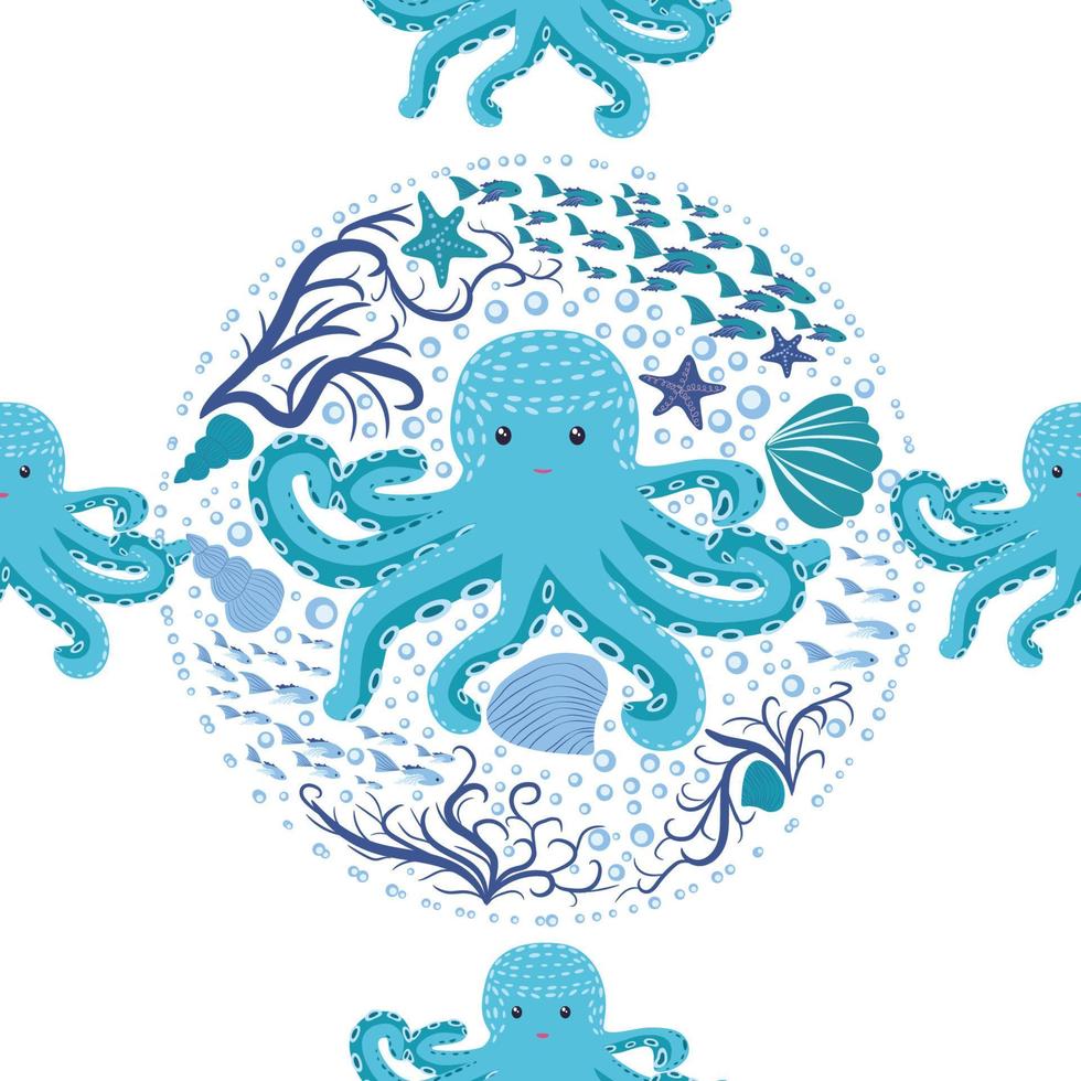 patrón impecable con lindo pulpo, algas y perlas. fondo de vivero de moda vector