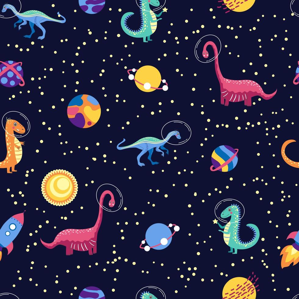 Dino in space seamless pattern. Cute dragon characters, dinosaur traveling galaxy with stars, planets. Kids cartoon background. Illustration of astronaut dragon, kids wrapping with cosmic dino vector