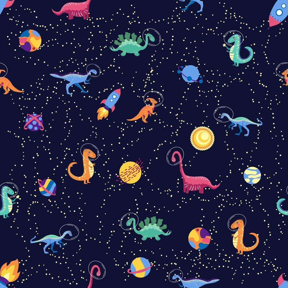 Dino in space seamless pattern. Cute dragon characters, dinosaur traveling galaxy with stars, planets. Kids cartoon background. Illustration of astronaut dragon, kids wrapping with cosmic dino vector