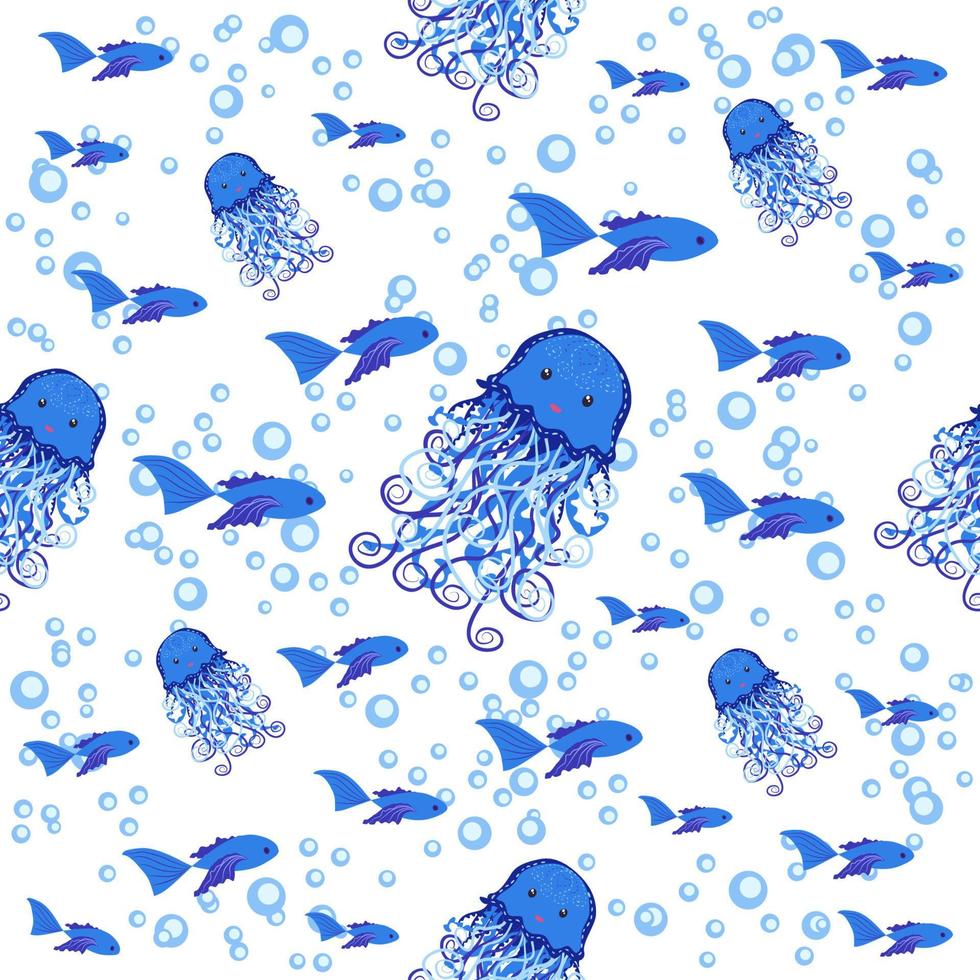 Seamless pattern with detailed transparent jellyfish. Childish seamless pattern with cute hand drawn fishes and jellyfishes in doodle style. Trendy nursery background vector