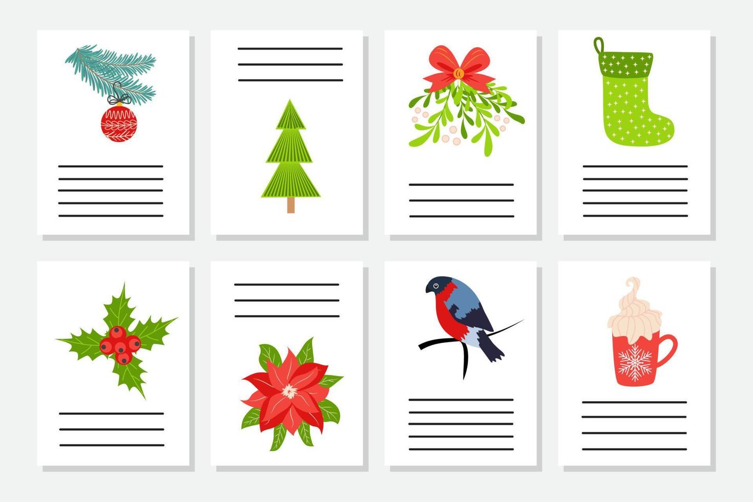 conjunto de saludo de navidad o invitación. postales con símbolos de año nuevo, árbol de navidad, copos de nieve, regalos, bastón de caramelo vector