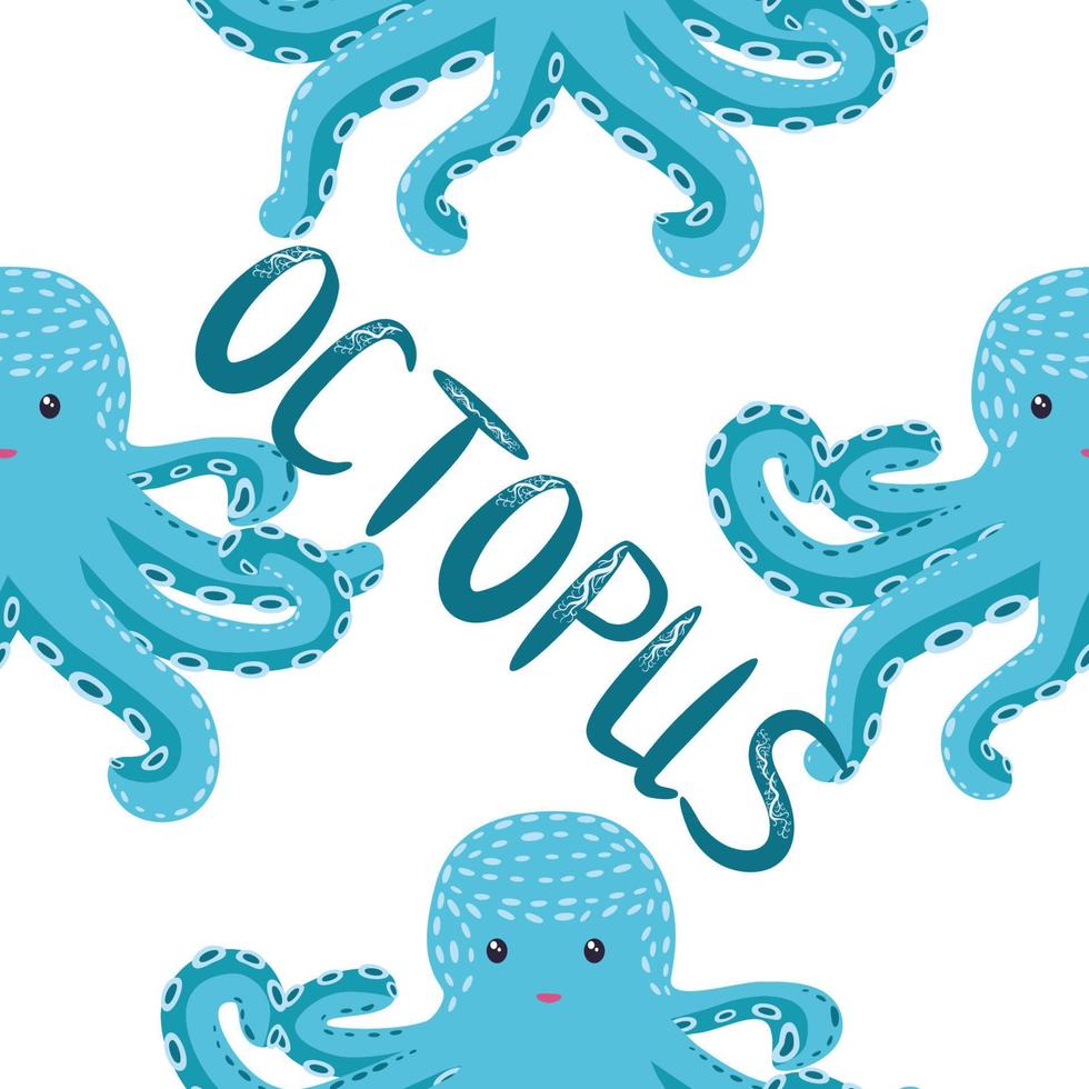 Seamless pattern with cute octopus, seaweed and pearl. Trendy nursery background vector