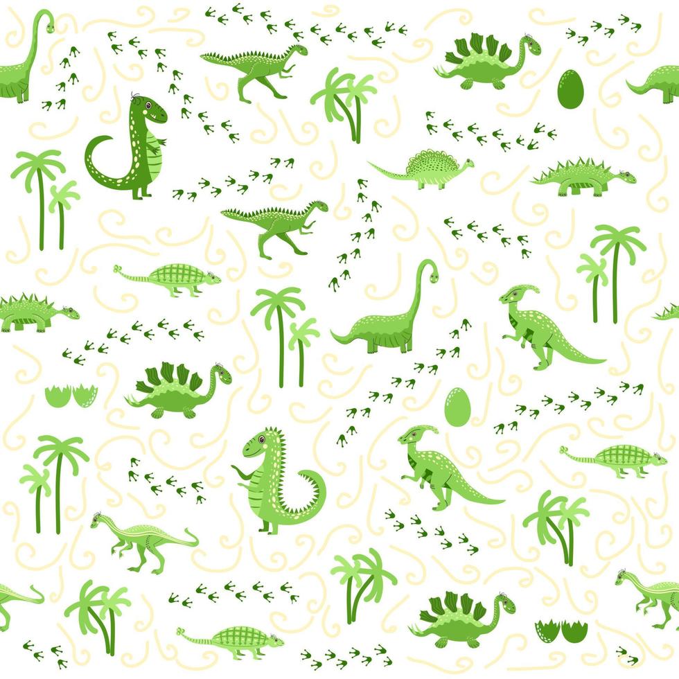 Cute dinosaurs seamless pattern. Solid pattern, shades of green. Funny cartoon dinosaur. vector