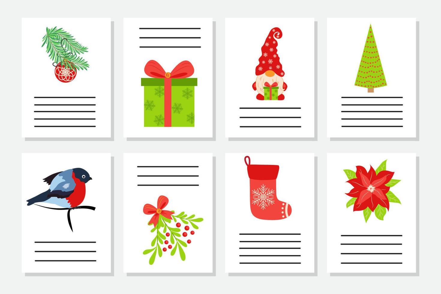 conjunto de saludo de navidad o invitación. postales con símbolos de año nuevo, árbol de navidad, copos de nieve, regalos, bastón de caramelo vector