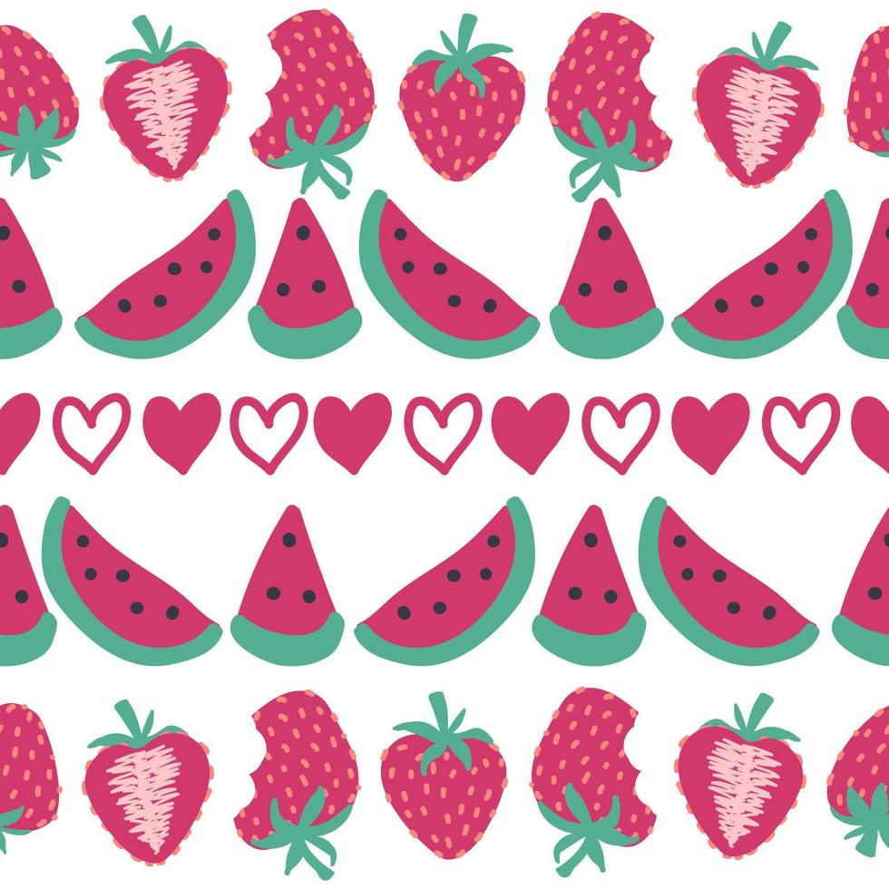 Seamless watermelon and strawberry pattern. Strawberries seamless hand drawn pattern vector