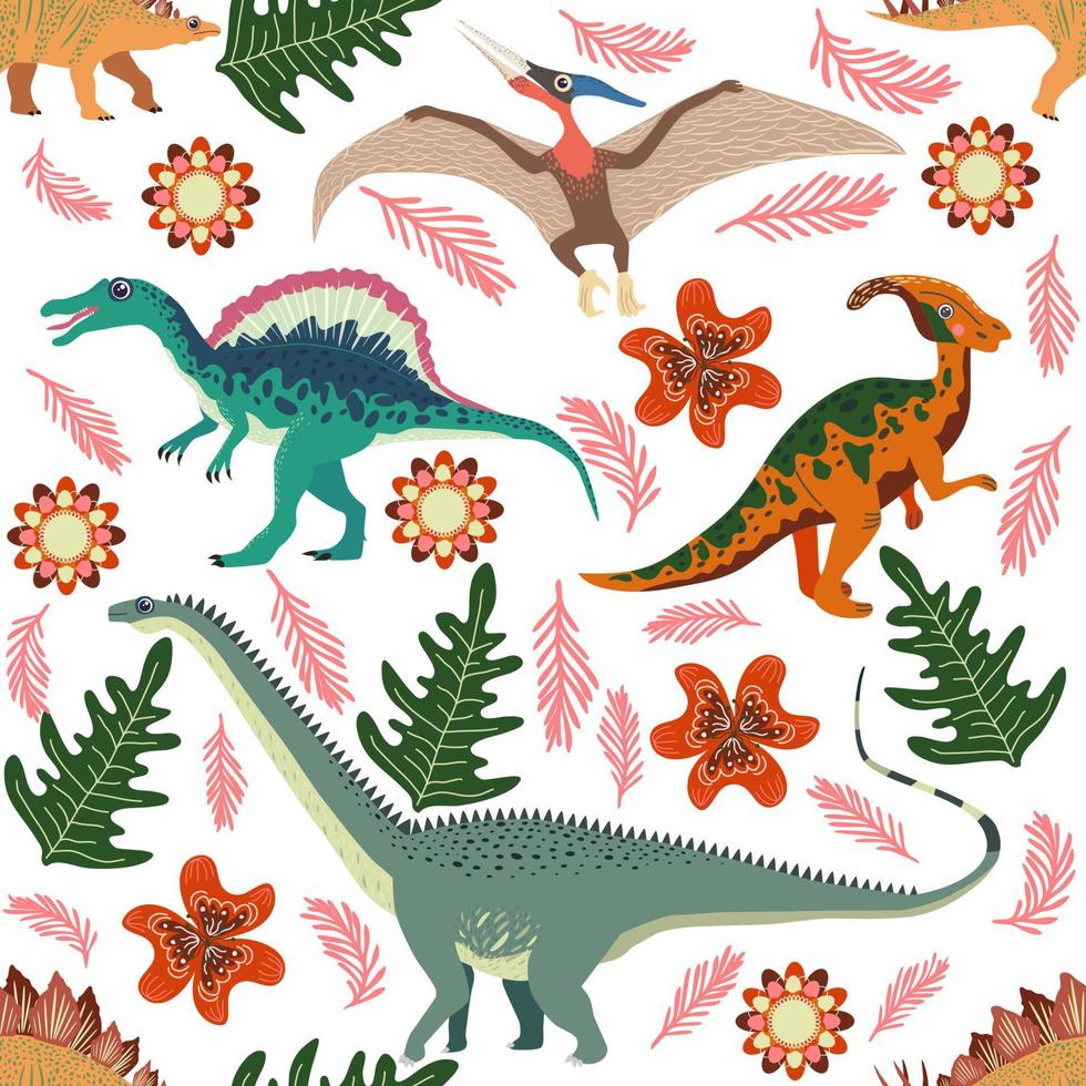 patrón de dinosaurio de fideos. estampado de dragón textil sin costuras, fondo de tela infantil de moda, dinosaurios de dibujos animados. vector