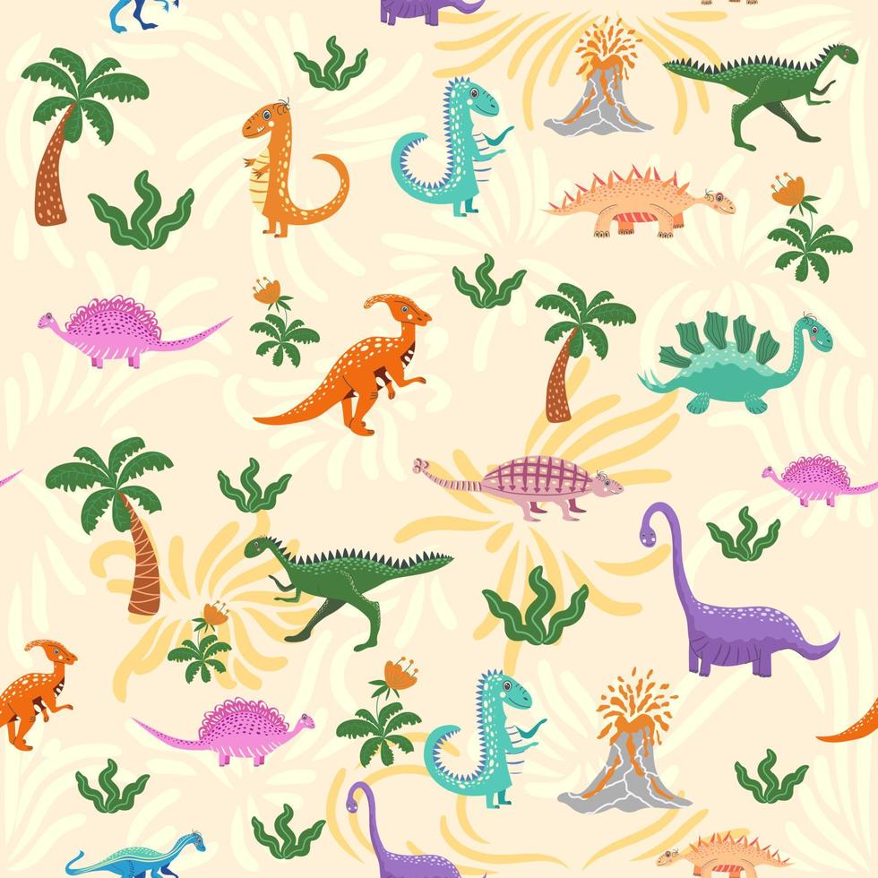 Hand drawn cute dinosaurs seamless pattern. Childrens pattern with dinos, rainbows, clouds, stars, polka dots vector