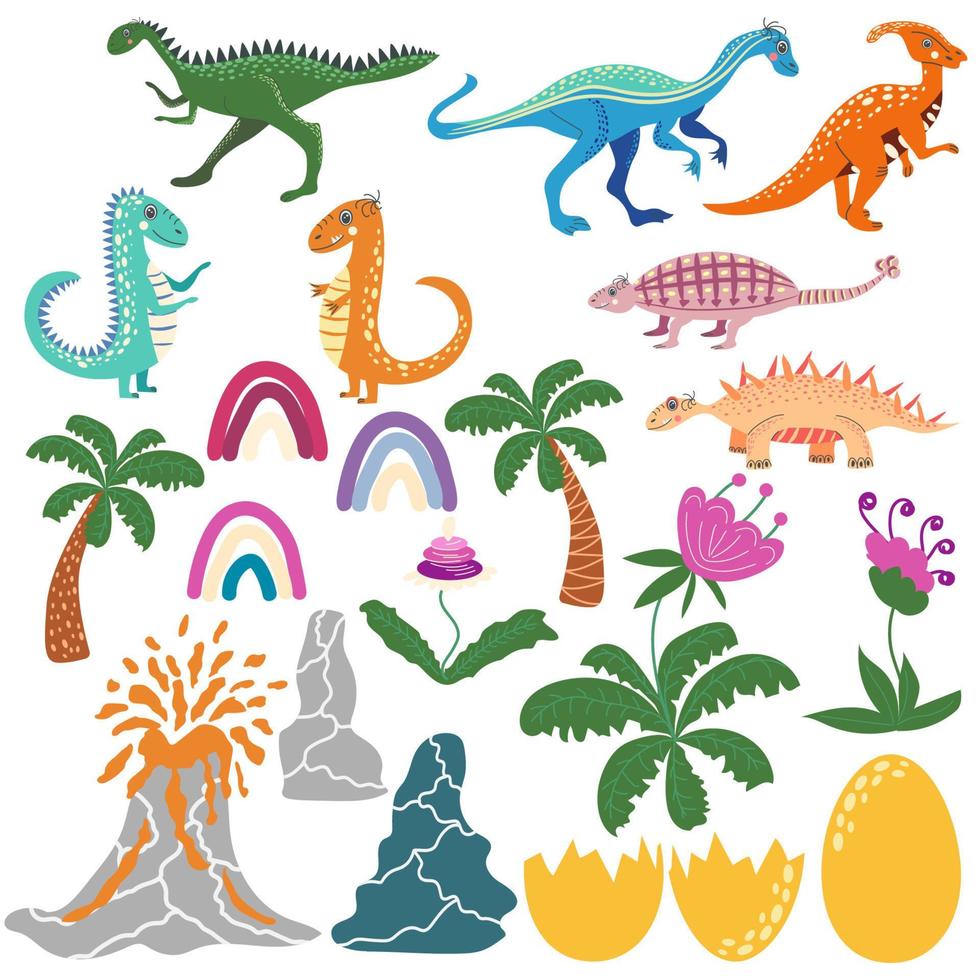 Cute dinosaurs and tropic plants. Funny cartoon dino. vector