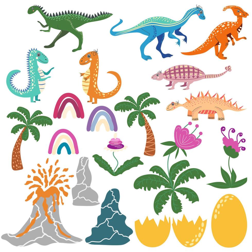 lindos dinosaurios y plantas tropicales. dino de dibujos animados divertidos. vector