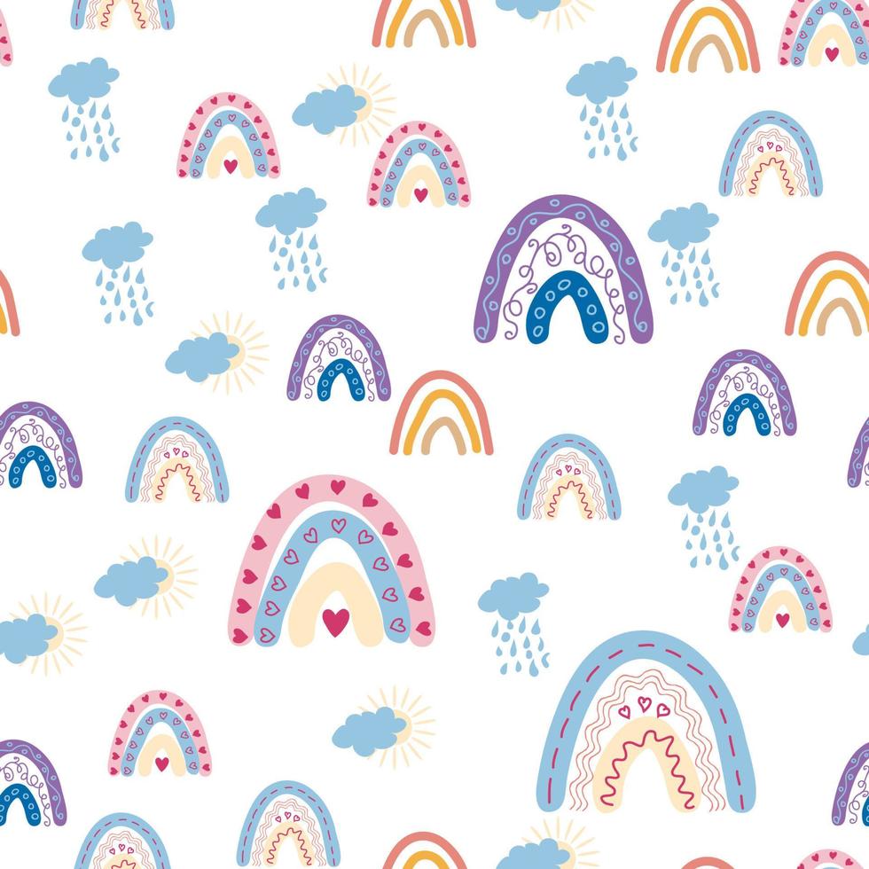 Rainbow seamless pattern in pastel colors. Scandinavian baby hand drawn illustration for textiles and newborn clothes. vector