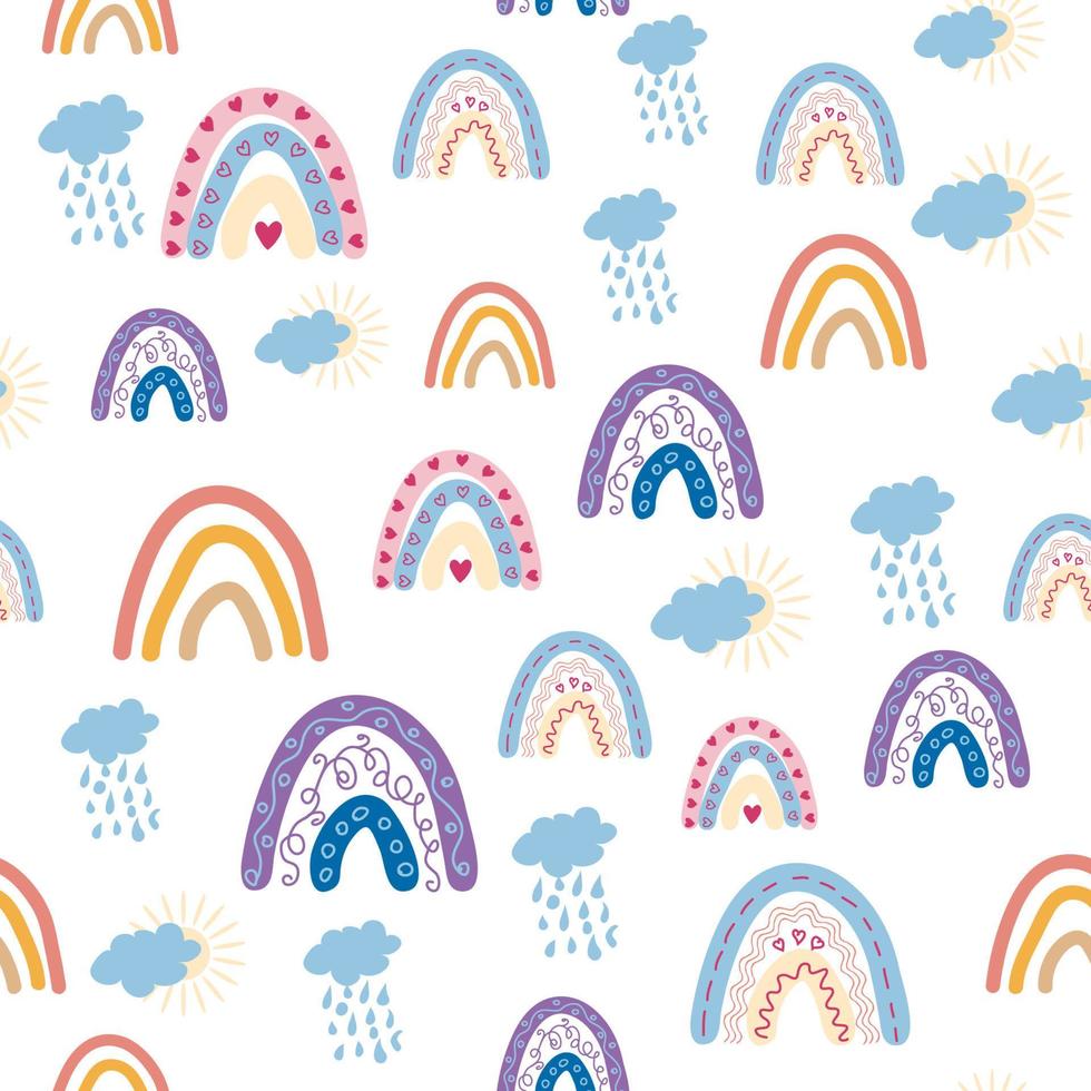 Rainbow seamless pattern in pastel colors. Scandinavian baby hand drawn illustration for textiles and newborn clothes. vector