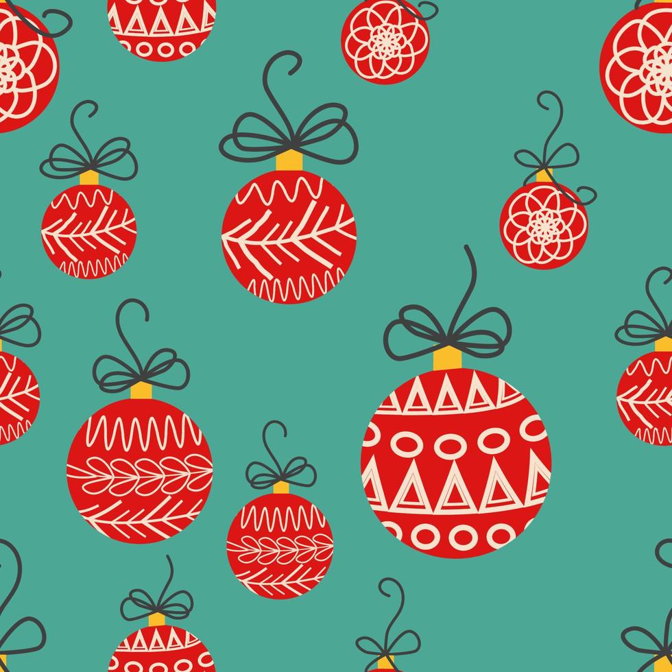 Hand drawn seamless pattern with cute hand drawn Christmas tree decorations, baubles. Repetitive New Year baubles print. vector