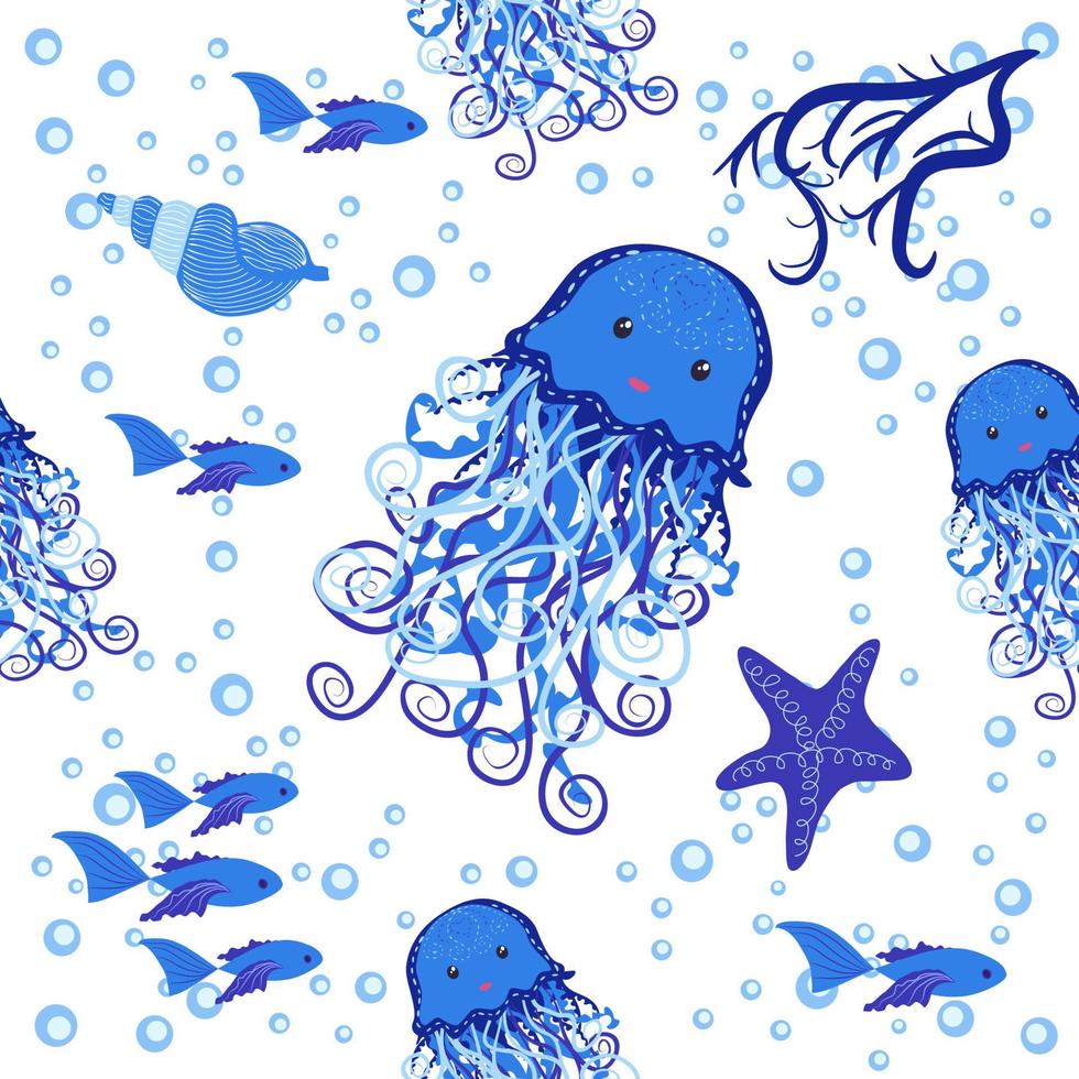 Seamless pattern with detailed transparent jellyfish. Childish seamless pattern with cute hand drawn fishes and jellyfishes in doodle style. Trendy nursery background vector