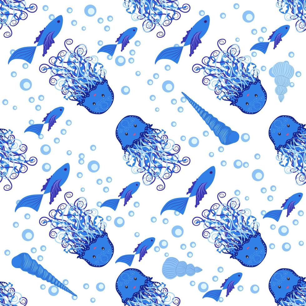 Seamless pattern with detailed transparent jellyfish. Childish seamless pattern with cute hand drawn fishes and jellyfishes in doodle style. Trendy nursery background vector