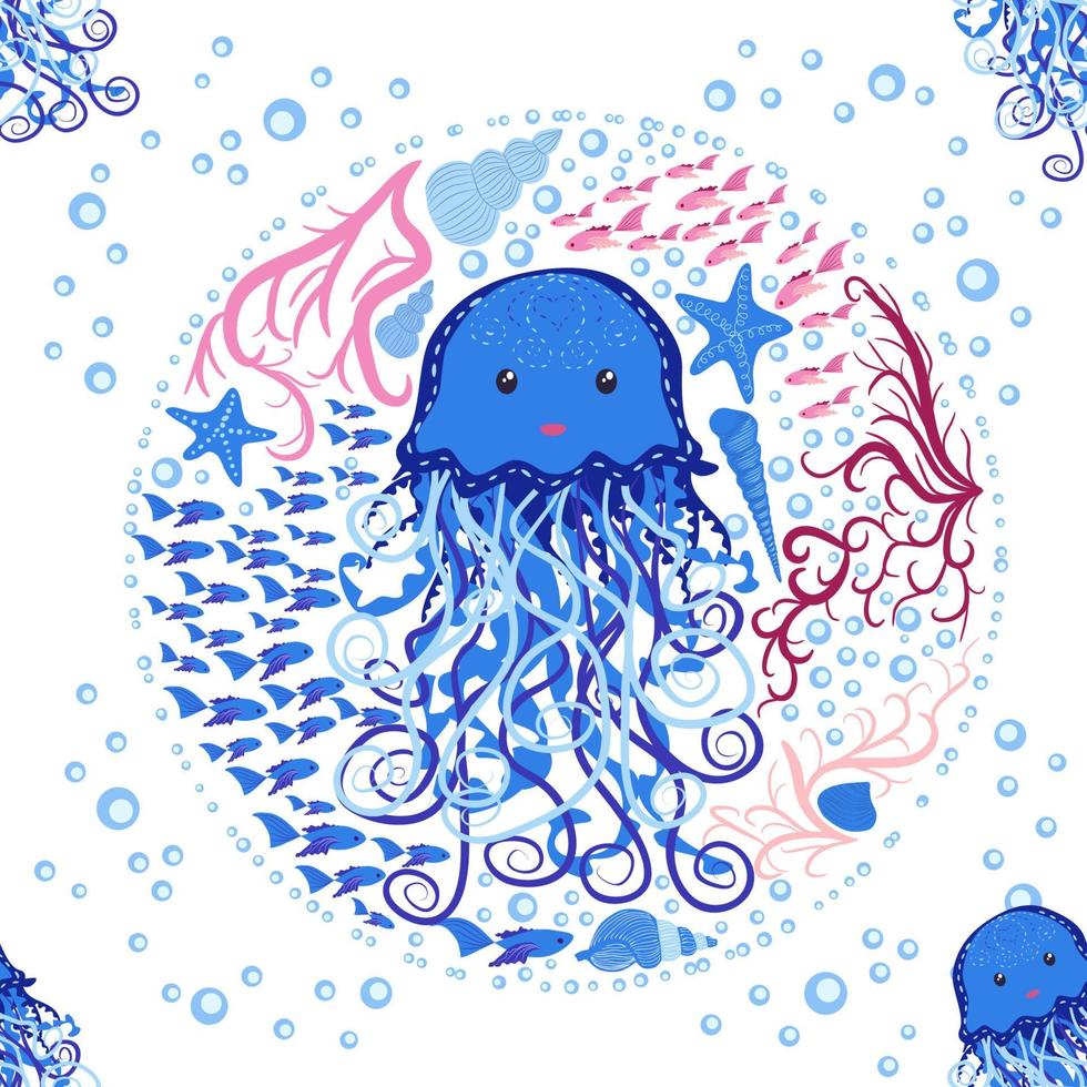 Seamless pattern with detailed transparent jellyfish. Childish seamless pattern with cute hand drawn fishes and jellyfishes in doodle style. Trendy nursery background vector