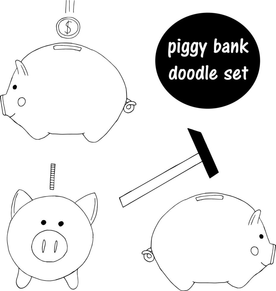 piggy bank, coin and hammer set icon, sticker. sketch hand drawn doodle style. monochrome minimalism. money, savings, coins vector