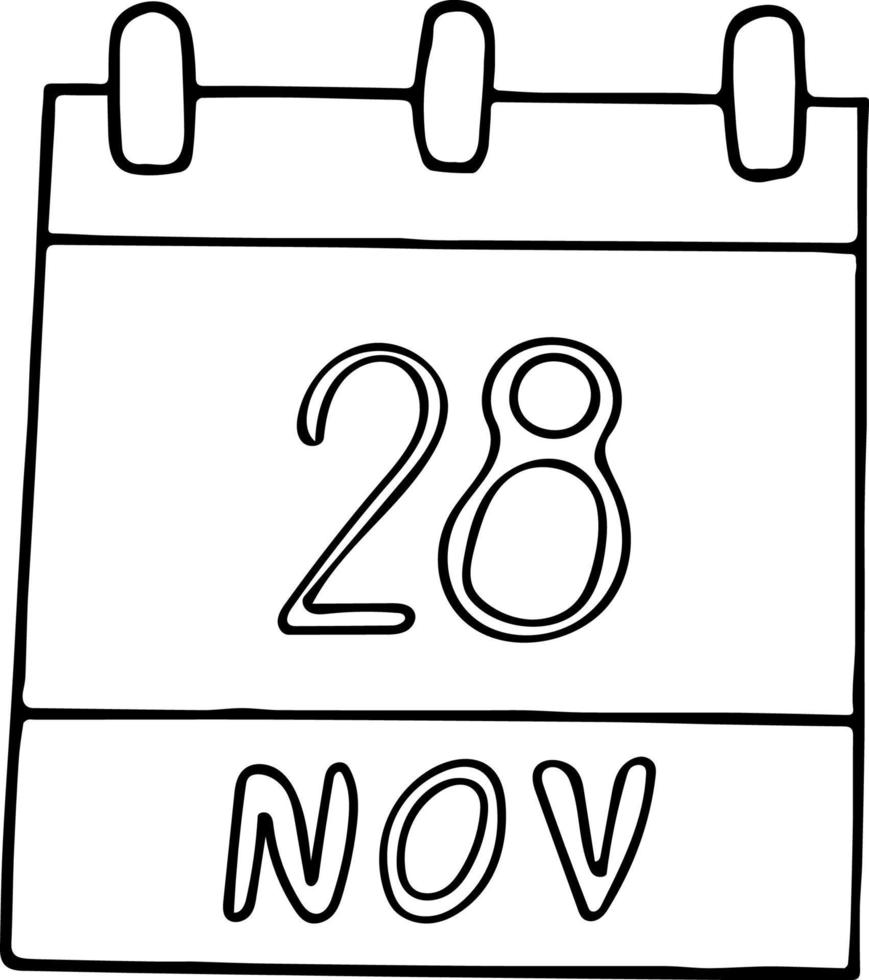 calendar hand drawn in doodle style. November 28. World Compassion Day, date. icon, sticker element for design. planning, business holiday vector