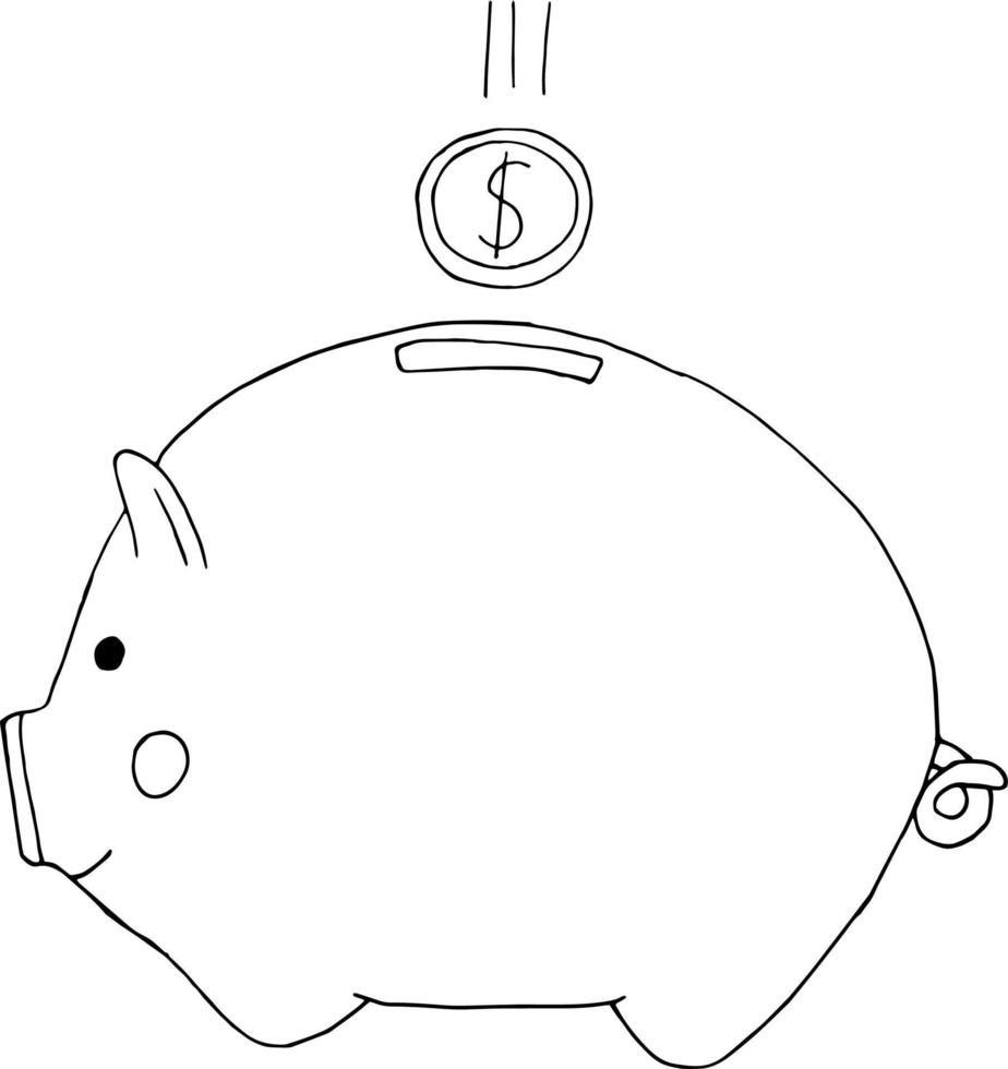 hucha con icono de moneda, pegatina. boceto estilo garabato dibujado a mano. minimalismo monocromático. cerdo, dinero, finanzas ahorros vector